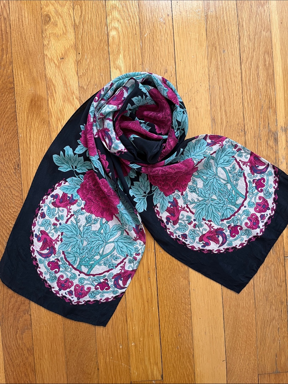 Ginnie Johansen Inc. 100% Silk 1989 Vintage 80s Teal Magenta Pink & Black Scarf - Picture 7 of 13